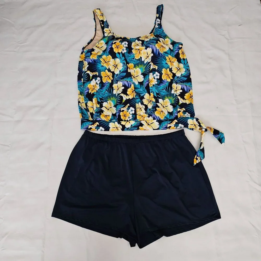 Swimsuit For All Women's Floral Side Tie Blouson Tankini And Shorts Plus Size 26 - Picture 2 of 16